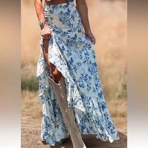 outhern Floral Print Ruffled Slit Maxi Skirt